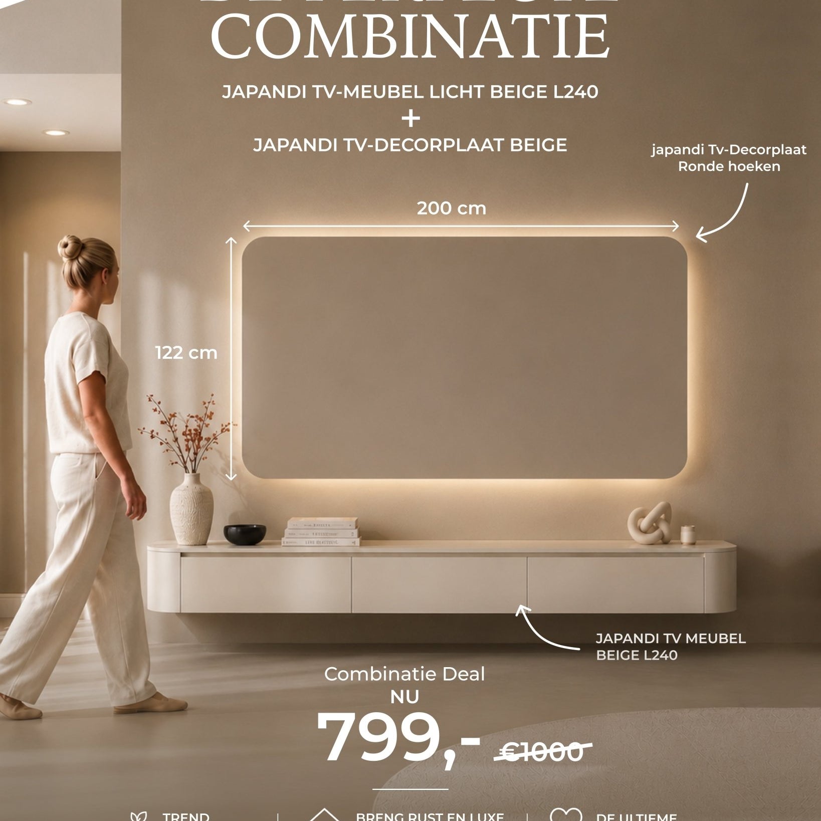 Combideal Japandi TV-meubel Licht Beige + Japandi TV-Decorplaat Licht beige - Arli Walls