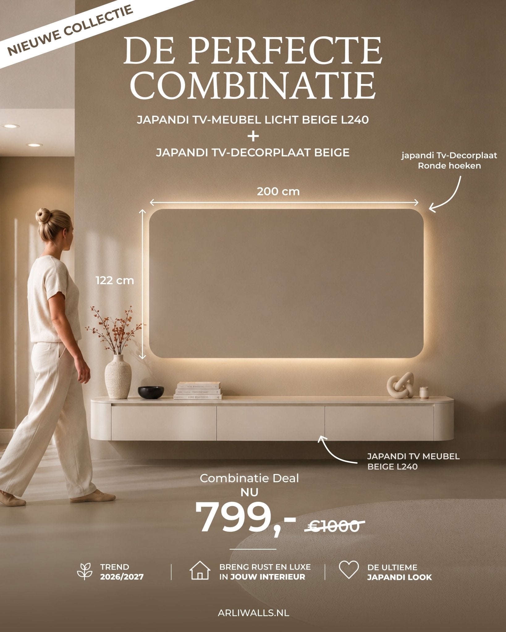 Combideal Japandi TV-meubel Licht Beige + Japandi TV-Decorplaat Licht beige - Arli Walls