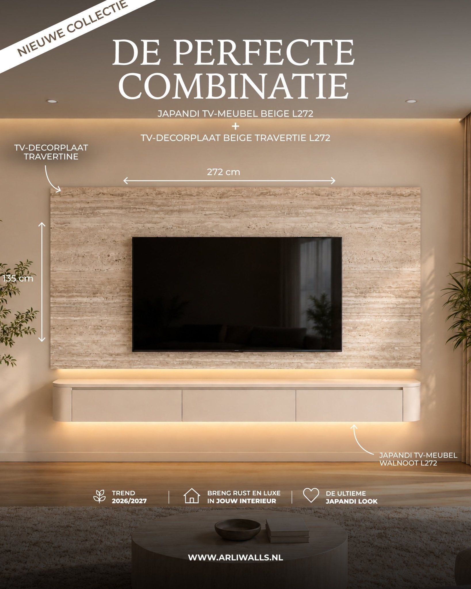 Combideal Japandi TV-meubel Beige + TV-Decorplaat Travertine | L272 - Arli Walls