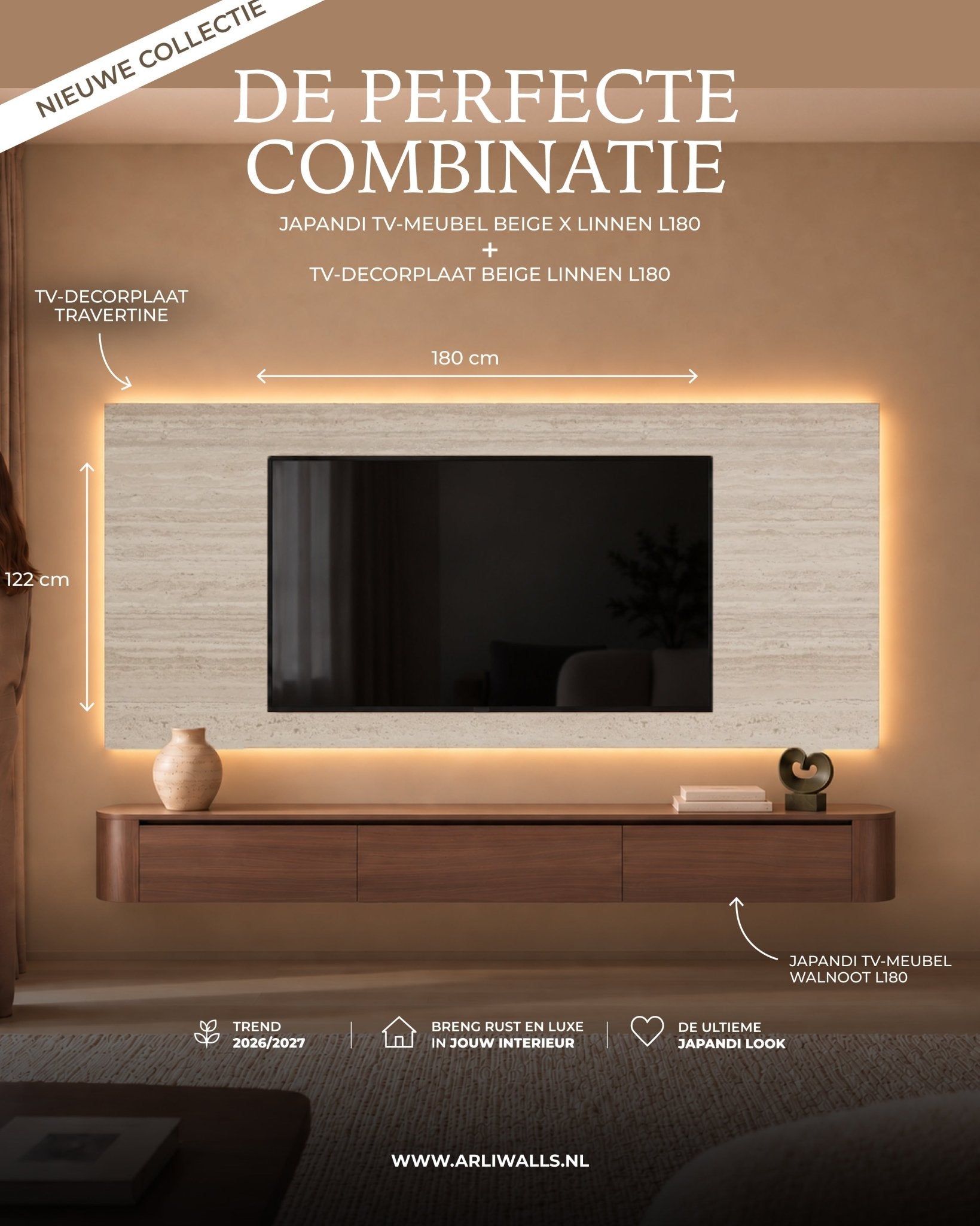 Combideal Japandi TV-meubel Walnoot + TV-Decorplaat Travertine | L180 - Arli Walls